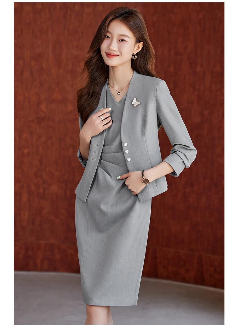 

Insozkdg Elegant Professional Formal Suit Short Blazer Slimming Sleeveless Midi Dress Gray High end Two Piece Set Women Outfits