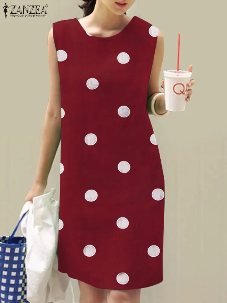 2024 ZANZEA Summer Polka Dots Dess Bohemain Beach Sundress Women Casual Sleeveless O Neck Vestidos Holiday Party Knee Length Robe