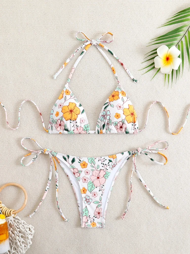 

Bikini Women Swimsuit 2025 New White Print Halter Bikinis Set Sexy Lace Up Swimwear Summer 2 Piece Beachwear Bathing Suit Female