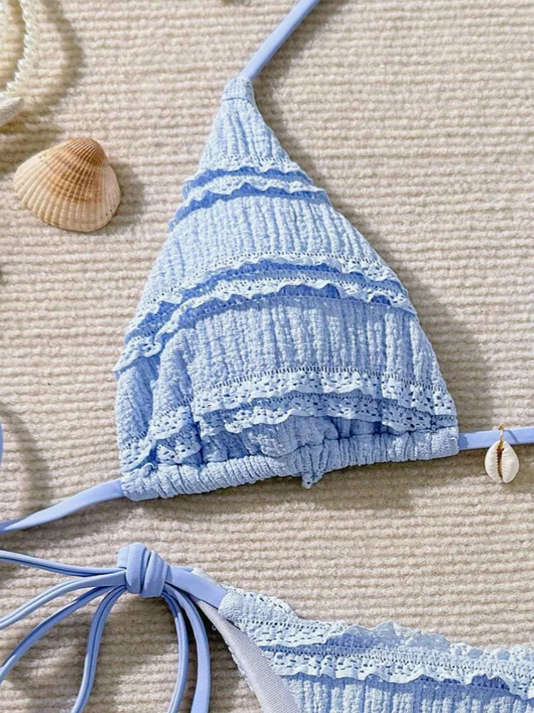 

Сексуальный синий комплект бикини со шнуровкой, женский раздельный купальник для пляжного отдыха, новинка 2026 года, всесезонный комплект бикини без спинки из 2 предметов