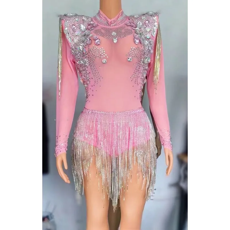 Costume discoteca bar femminile pieno di diamanti con frange cantante congiunta danza regina di vetro corpo trasparente frange abiti di compleanno