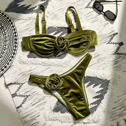 Conjunto de microbikinis de terciopelo con realce, traje de baño de dos piezas con Tanga acolchado y flores verdes en 3D, bañador sexy para mujer