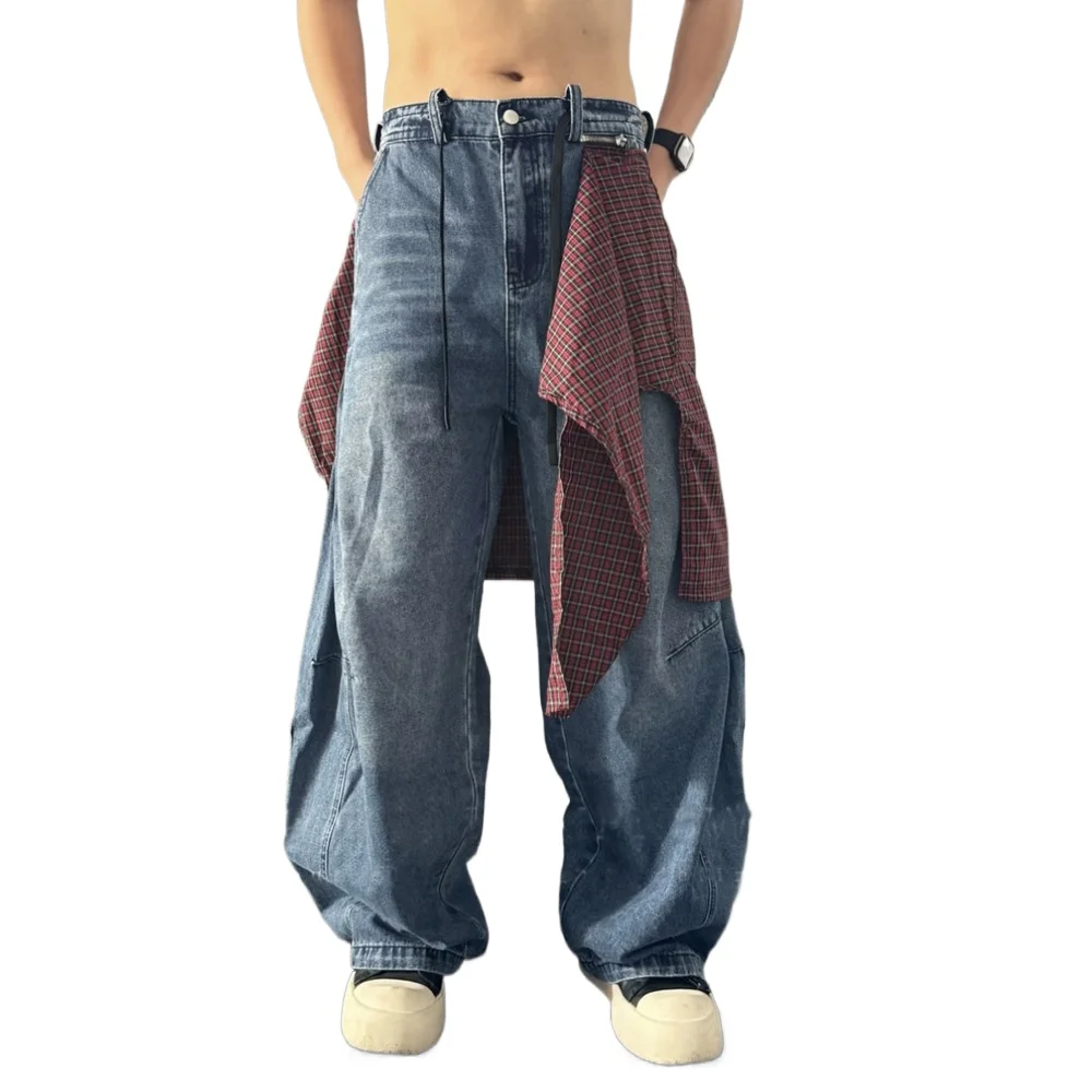 남녀 공용 탈부착 가능한 체크무늬 스커트 스트리트웨어 패션 힙합 루즈 캐주얼 데님 카고 바지 유니섹스 바지