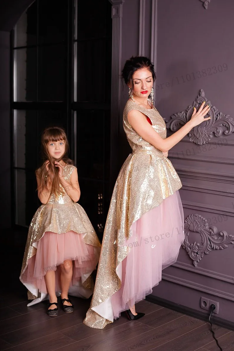 Delicate High Low Mommy and Me Tutu Dress for Photoshoot Dress Pink Sequin Princess Dresses Birthday Gown for Special Occasion