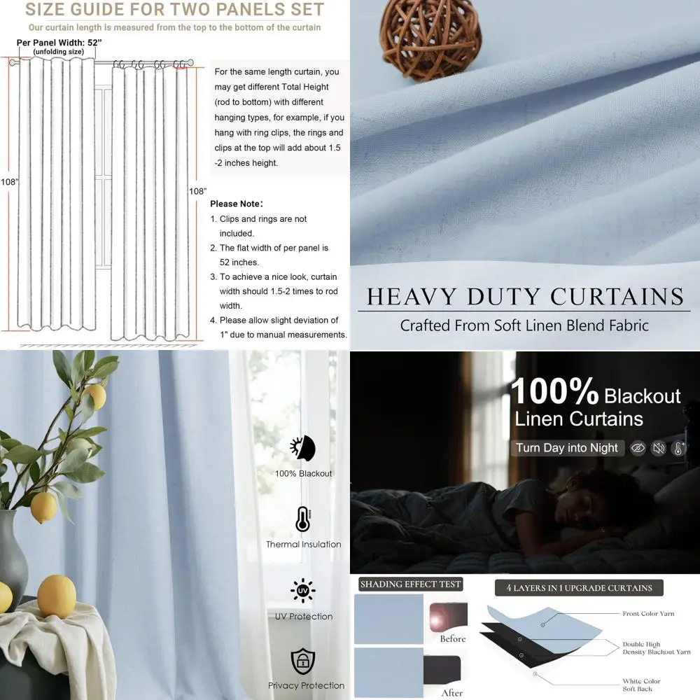 

Extra Long 108 Light Blue Linen Curtains, Floor to Ceiling, Thermal Insulated, Darkening Panels for Living Room, Heat Blocking D