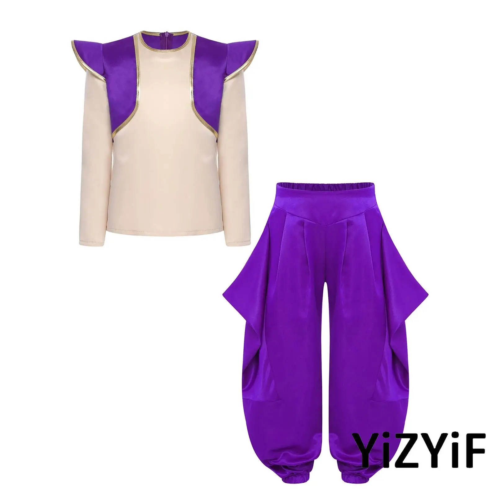 

Kids Boys Arabian Prince Outfit Long Sleeve Contrast Color Pullover Shirt Tops And Solid Color Half Elastic Waistband Pants Set