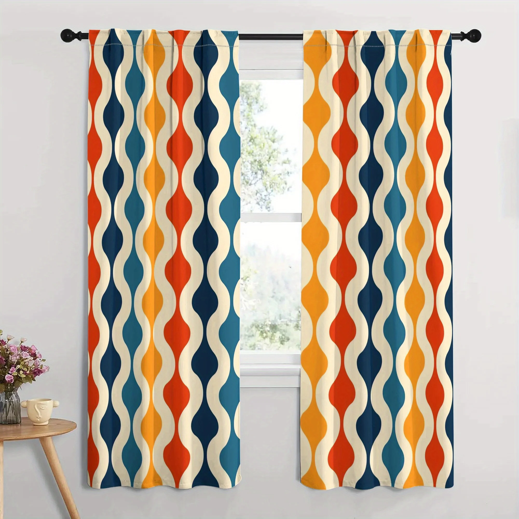 2pc Modern Geometric Wave Curtains Pair Decorative Abstract Pattern Zigzag Navy Orange Living Room Window Curtains