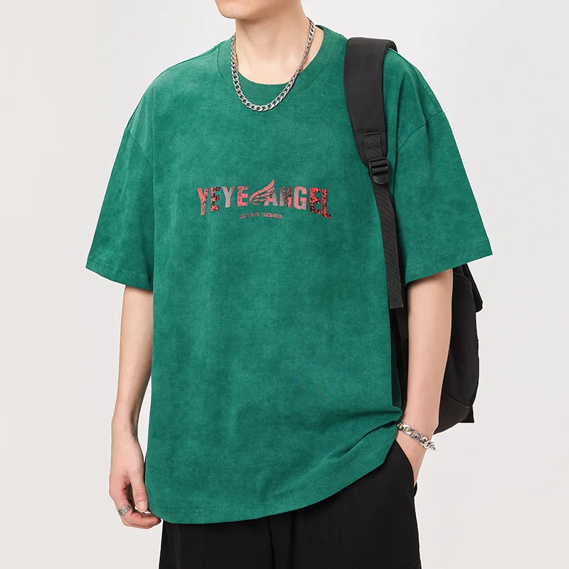 Korean fashion street T-shirt men's summer loose elastic hip hop print casual all-matching teen's top