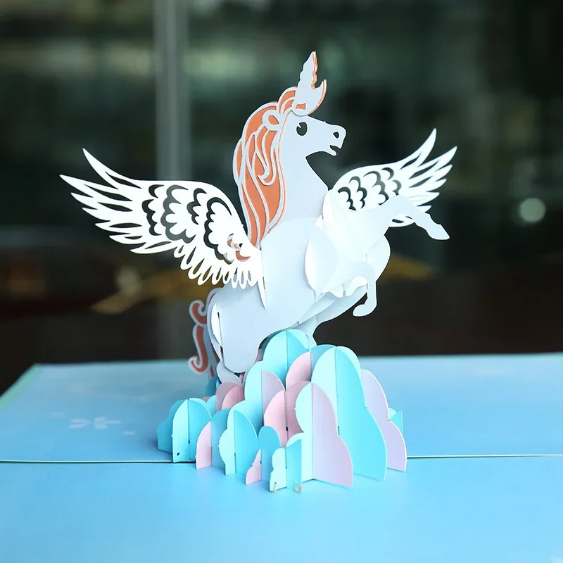 

2024 New Cartoon 3D Unicorn Card hollow out Paper Pop-Up Greeting Cards festival birthday Children Gift Memorial Day Lovers Gift