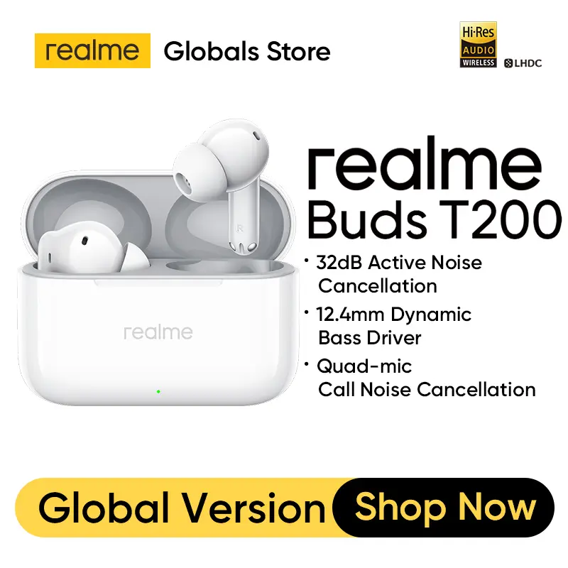 سماعات أذن realme Buds T200 TWS بمحرك باس ديناميكي 12.4mm إلغاء ضوضاء 32dB عمر تشغيل حتى 50 ساعة مقاومة للماء والغبار IP55 بلوتوث 5.4