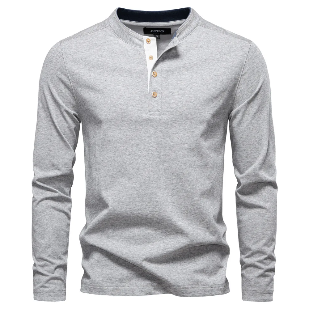 New men's Henry collar multi-color pure cotton long-sleeved T-shirt, a fashionable, casual and breathable top that won't wrinkle