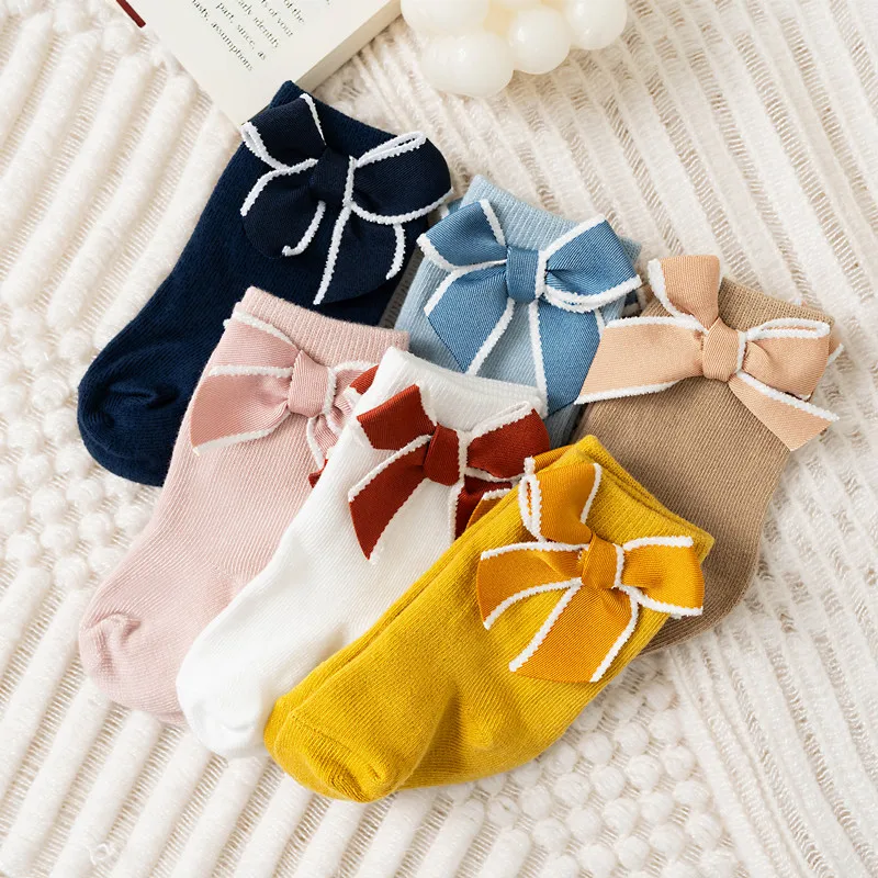 Baby Girls Bows Short Socks Soft Cotton Kids Short Sock Children Floor Solid Plain Princess Style Socken For 0-5 Years