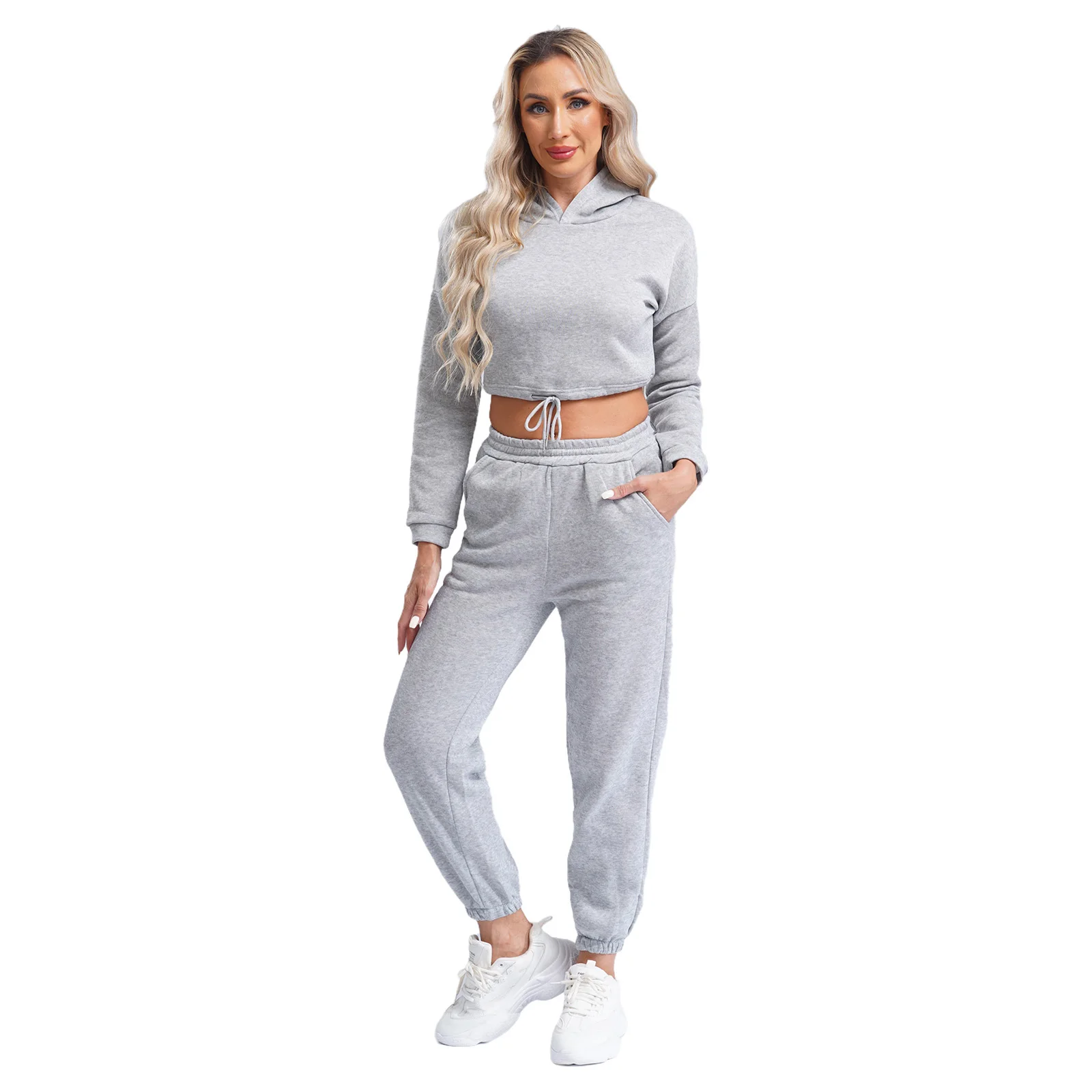 Womens Casual Solid Color Tracksuit Sports Set Fleece-Lined Long Sleeve Drawstring Hem Cropped Hoodie with High Waist Sweatpants