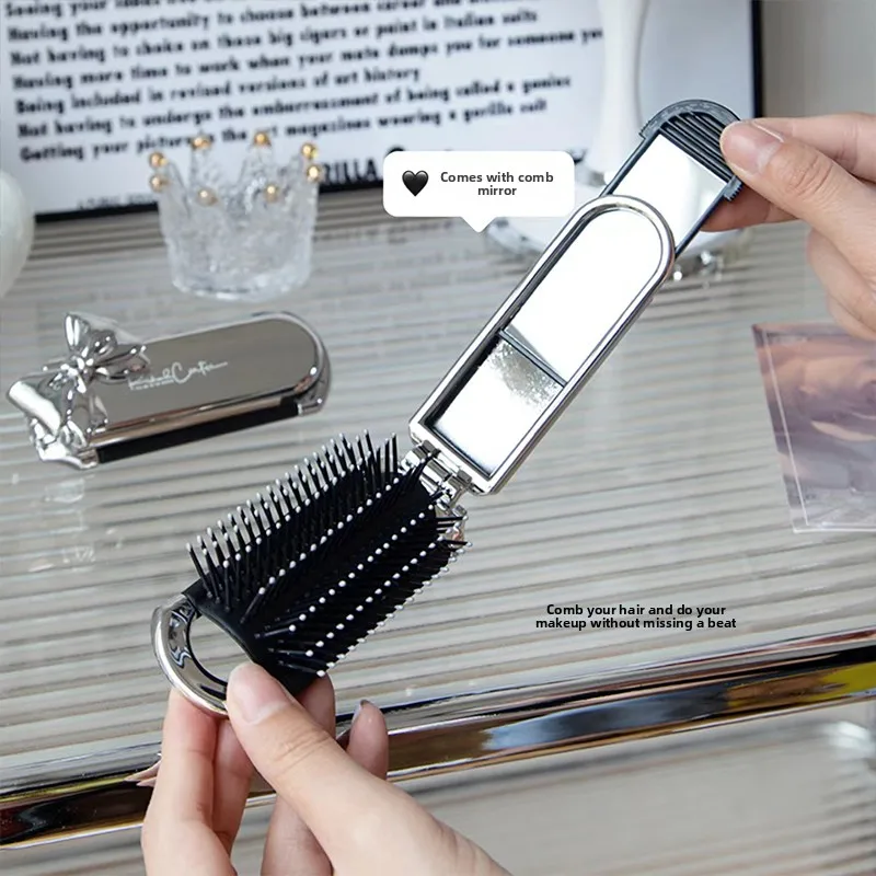 Silberne Schleifenförmige Faltbare Haarbürste mit Eingebautem Spiegel, 180 ° Tragbarer Mini-Taschenmassagekamm für Frauen, zum Mitnehmen beim Outdoor-Make-up – Detail 4