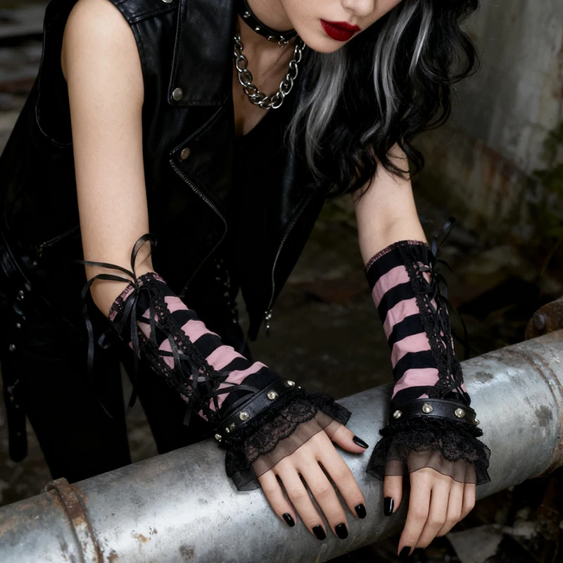 女性用スイートピンクストライプスリーブ-y2k-ショートアウトスリーブ-ゴスグローブ-フレアレースリベット-puストラップパッチリボン-クロスデザイン