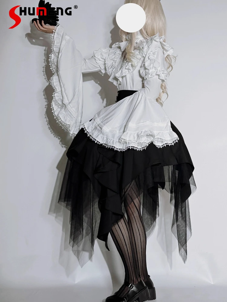 

Готический костюм монахини на Хэллоуин, комплекты Лолиты, белая рубашка с большими расклешенными рукавами и высокой талией, нерегулярная юбка, комплект из двух предметов для женщин