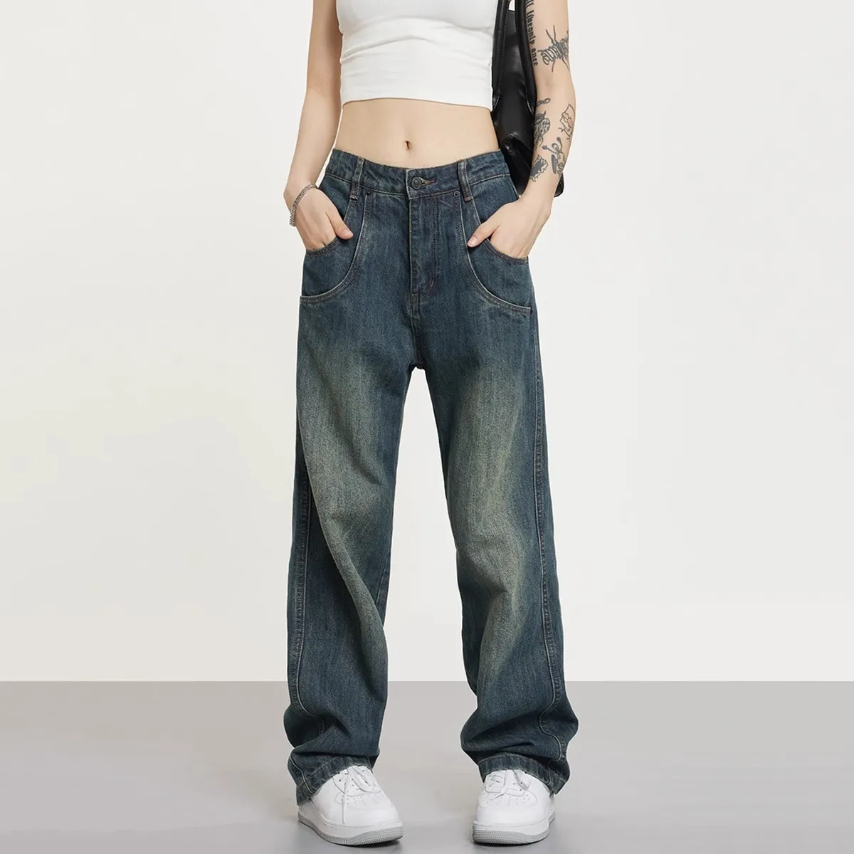 

Vintage Middle Waist Jeans Women Bleached Casual College Students European Style Fashion Basic All-match Trouser Streetwear Chic