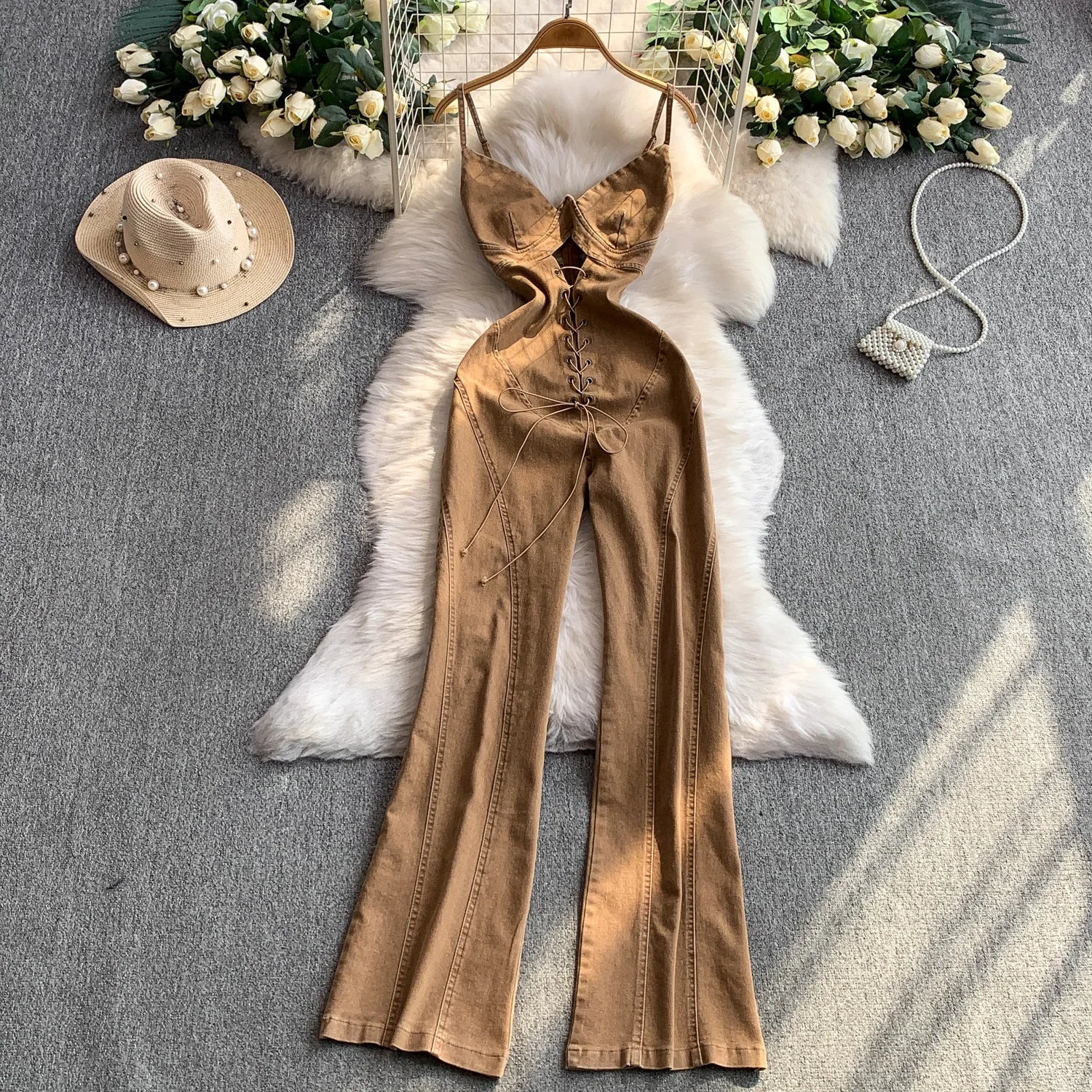 

Denim Strapless Jumpsuits Women Vintage One Piece Jeans Wide Leg Pants Sleeveless Lace Up Hollow Out Jumpsuit Washed Streetwear