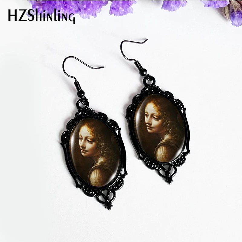 2024 New Mona Lisa Painting Dangle Earring Black Lace Earrings Oval Glass Photo Jewelry Gifts Party