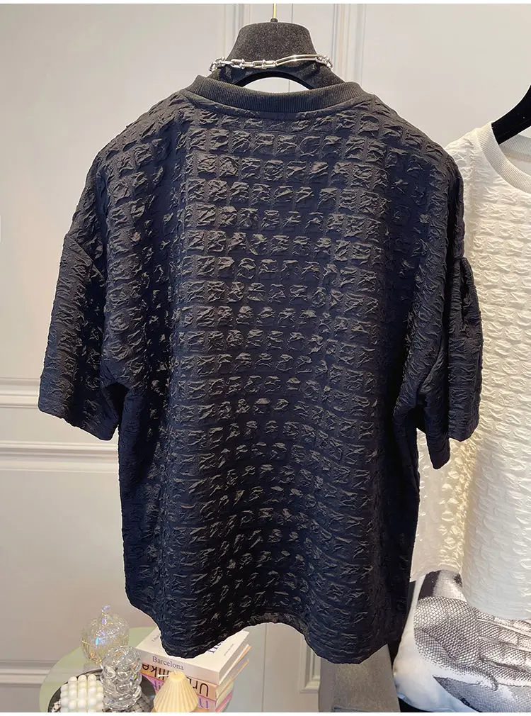 Fashionable and versatile casual pleated texture,  design, short sleeved T-shirt  women t shirt  harajuku