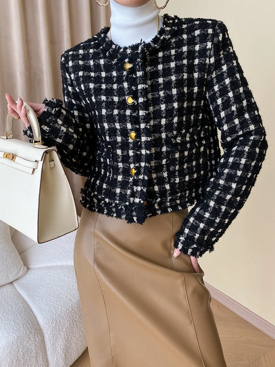 New coarse plaid coat for women in spring and autumn, new French retro style short top