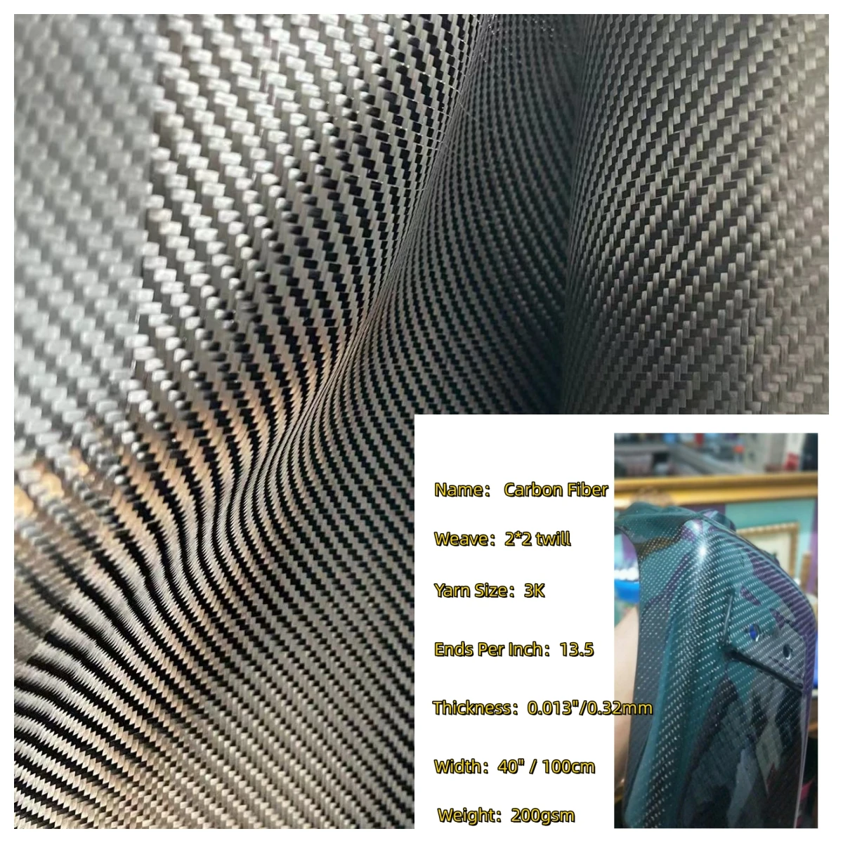 

[Grade A] Real Carbon Fiber Cloth Carbon Fabric 3K 200gsm 2x2 twill 40"/100cm width,Used for bicycle,motorcycle,car,fishing rods