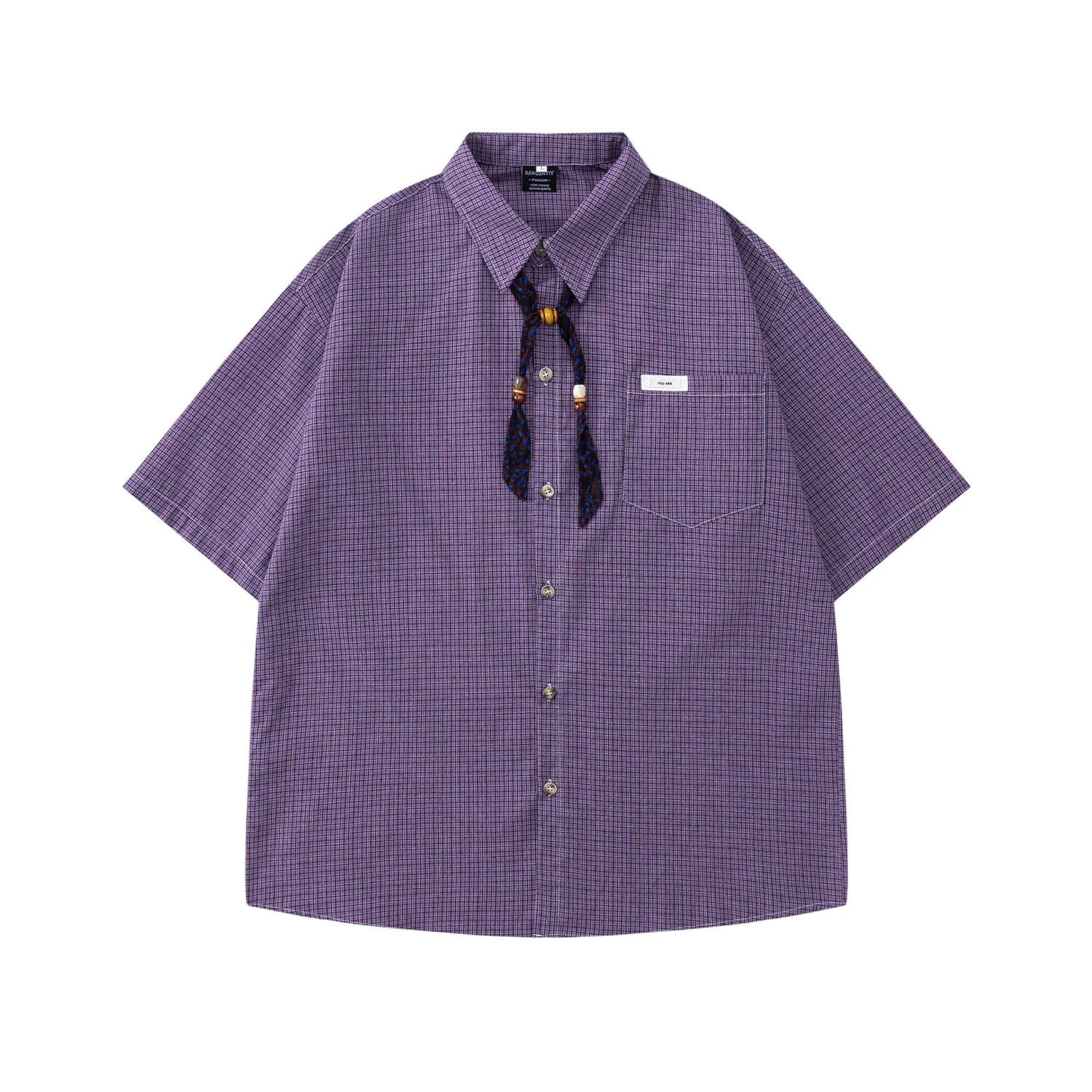 

Ribbon Decorative Purple Plaid Short-sleeved Shirt 2026 Summer Loose Casual Lapel Shirt T-shirt