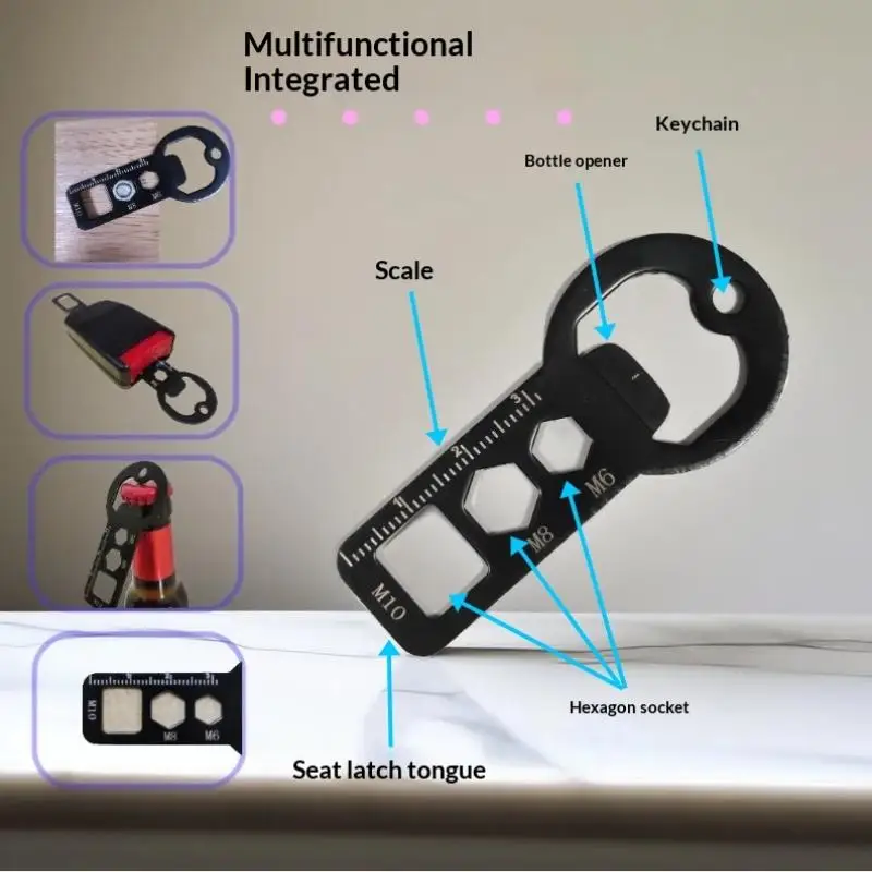 Multifunctional EDC Keychain Tool - Bottle Opener, Hex Wrench (M6/M8/M10), Ruler & Seat Belt Buckle, Stainless Steel Multi-Tool