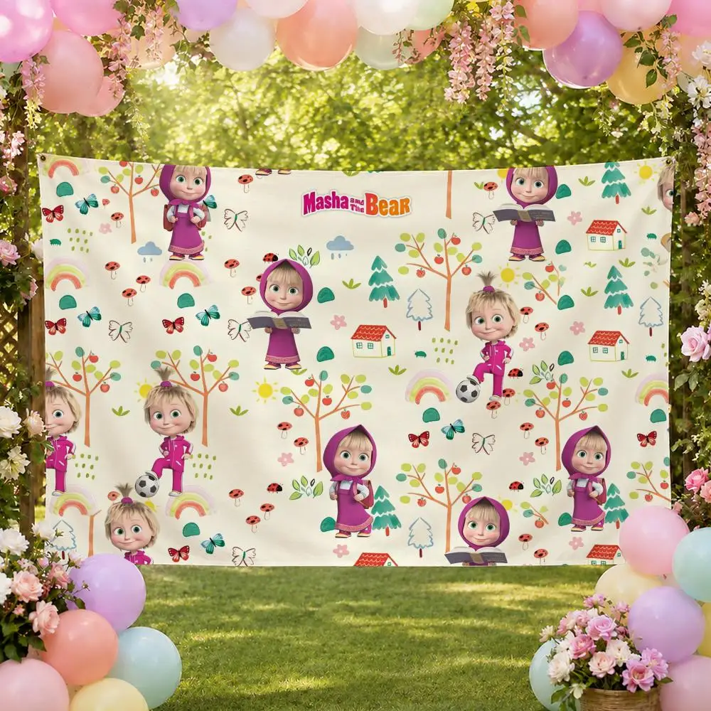 Kids Cartoon Comedy Masha and Bear Flags Fan Banner Tapestry Wall Hanging Garage BarDorm Camp Party Outdoor Home Decor Gift