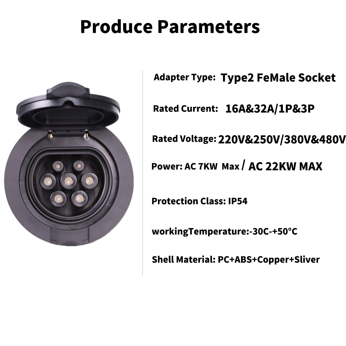 WUFEN EV chargeur prise installée IEC 62196-2 Type 2 prise femelle 16A 32A monophasé triphasé EV Station de charge prise