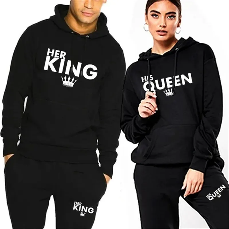 Lover Her QUEEN or His KING Printed Tracksuits Couple Hoodies Outfit Suits Casual Hooded Sweatshirt + Sweatpants Two Piece Set