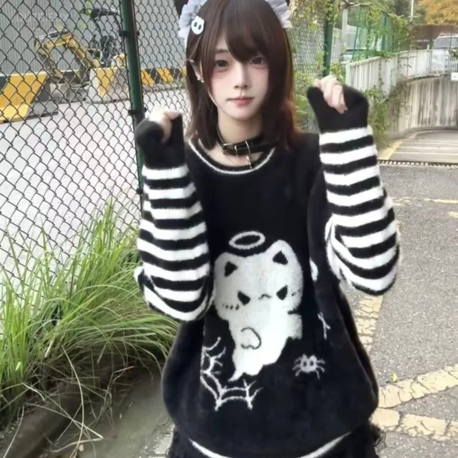 Women Stripe Patchwork Y2k Aesthetic Grunge Pullover Autumn Harajuku Casual Loose Jumper Streetwear Cartoon Jacquard Sweater