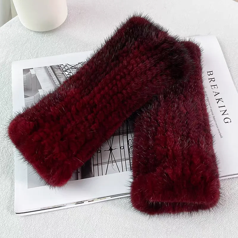 Mesh Weave Plush Winter Fur Wrist Gloves Decorative Genuine Mink Fur Elastic Mittens for Women