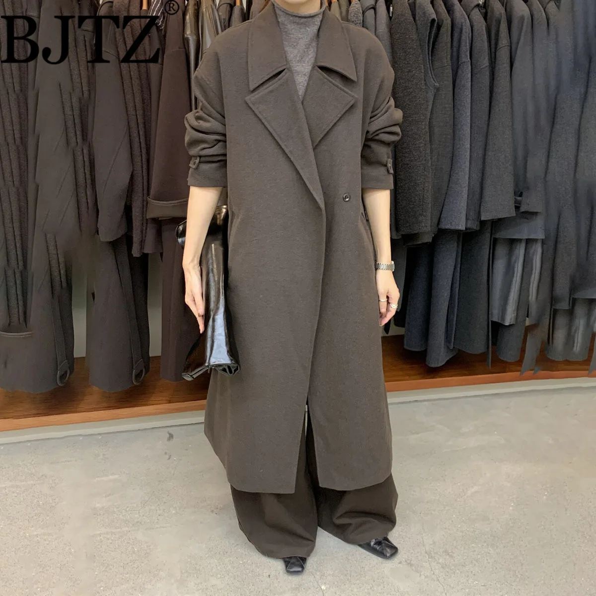 

BJTZ женское длинное пальто с поясом в корейском стиле в стиле пэчворк, однотонное, плотное, теплое, осенне-зимнее, элегантная, модная, офисная, повседневная верхняя одежда