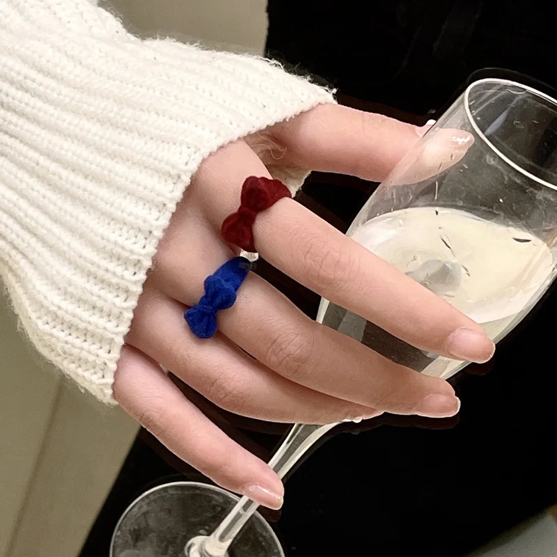 Flocking Velvet Bowknot Finger Ring For Women Vintage Blue/Wine Red/Black Color Open Adjustable Handmade Rings Party Jewelry