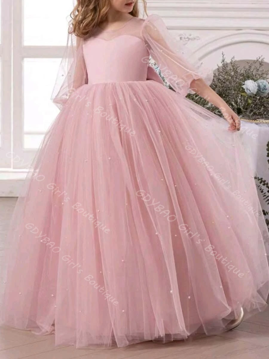Vestido de niña de flores de color marfil para boda, vestido de primera comunión con manga de globo y cuello transparente con perlas, vestido de fiesta personalizado