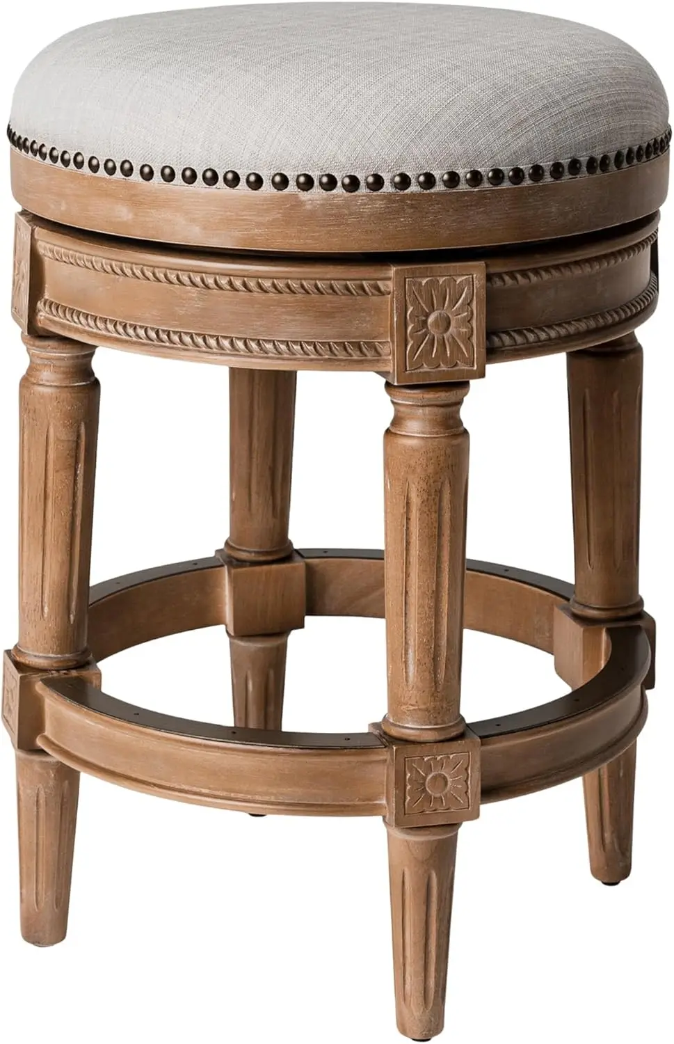 P26 inch hoge, verweerde eiken afwerking, gestoffeerde barkruk op tegenhoogte met zandkleurige stoffen kussenzitting