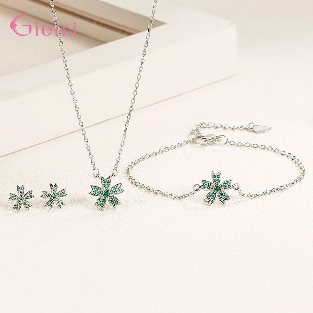 925 Sterling Silver Necklace Earrings Bracelet Bridal Jewelry Sets for Woman Female New Trendy Sakura Flower with Zircon Stone