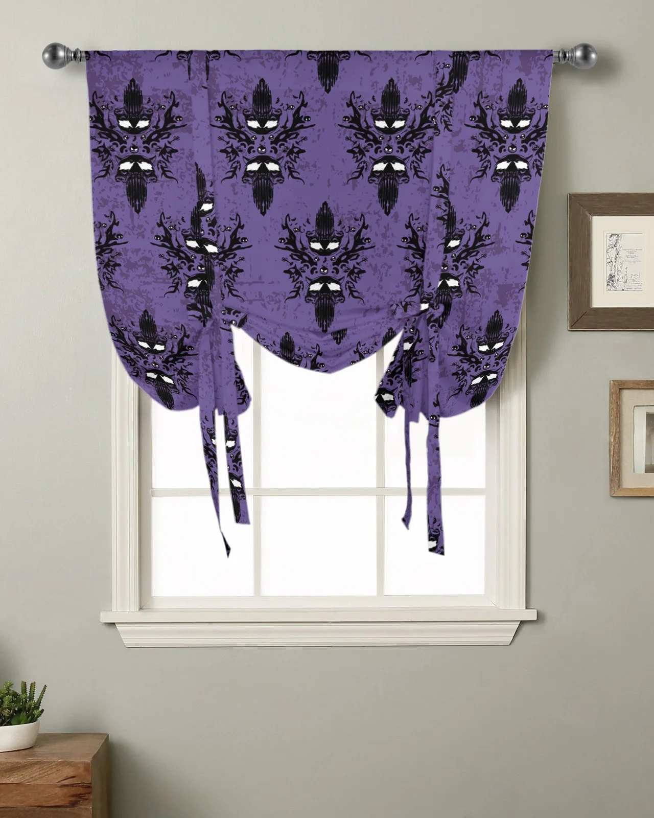 Haunted House Skull Bat Purple Window Curtain for Living Room Roman Curtains for Kitchen Cafe Tie Up Short Drapes