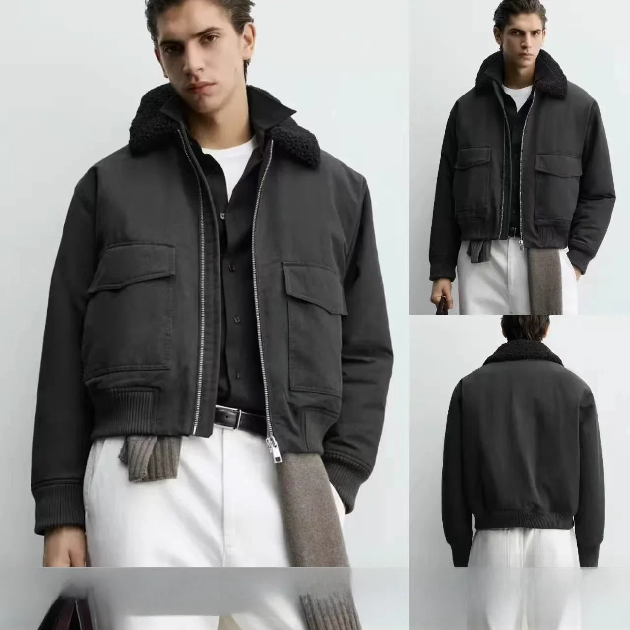 

Winter New Men's Fce Lined Pilot Jaet Coat Patchwork Collar Zipper Decorated Casual Sle Nylon Cotton Blend ort Length