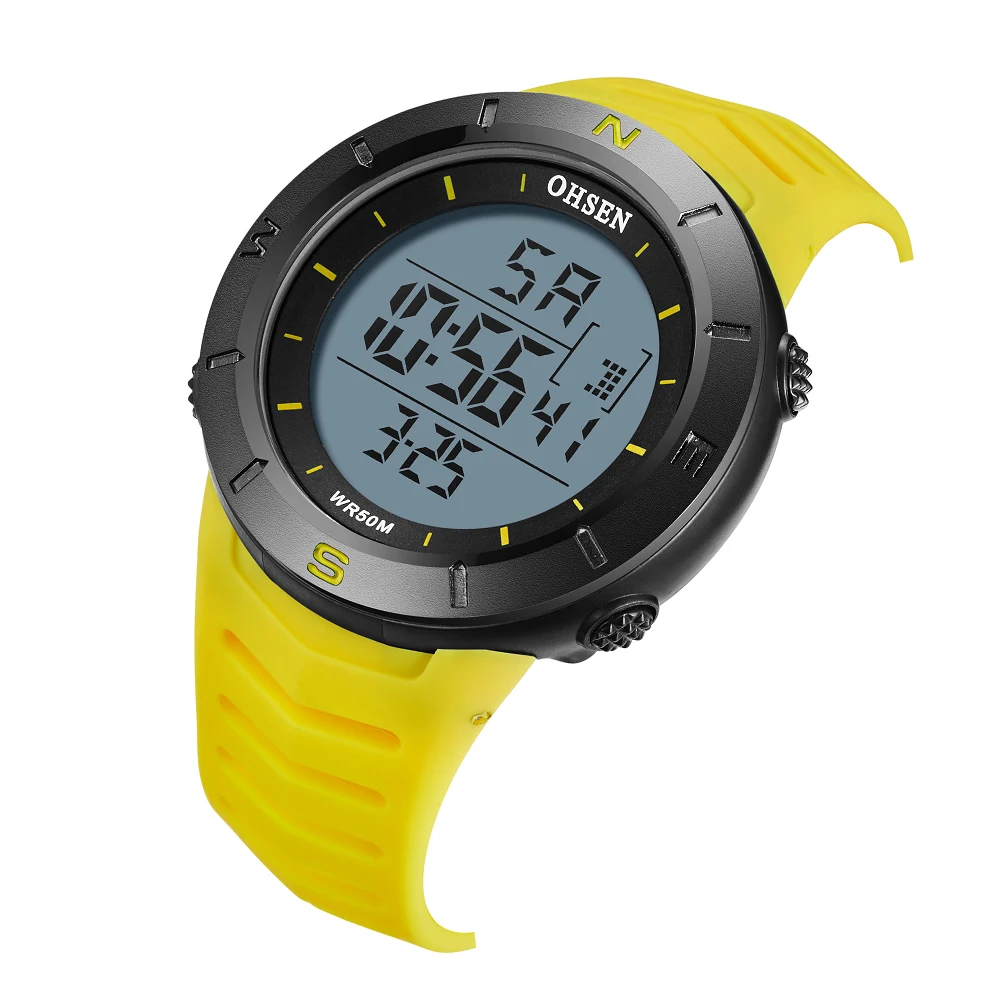 OHSEN Men Watches Electronic Led Outdoor Military Wateroof Wristwatch Yellow Silicone 5ATM Dive Stopwatch Clocks Digital Watch