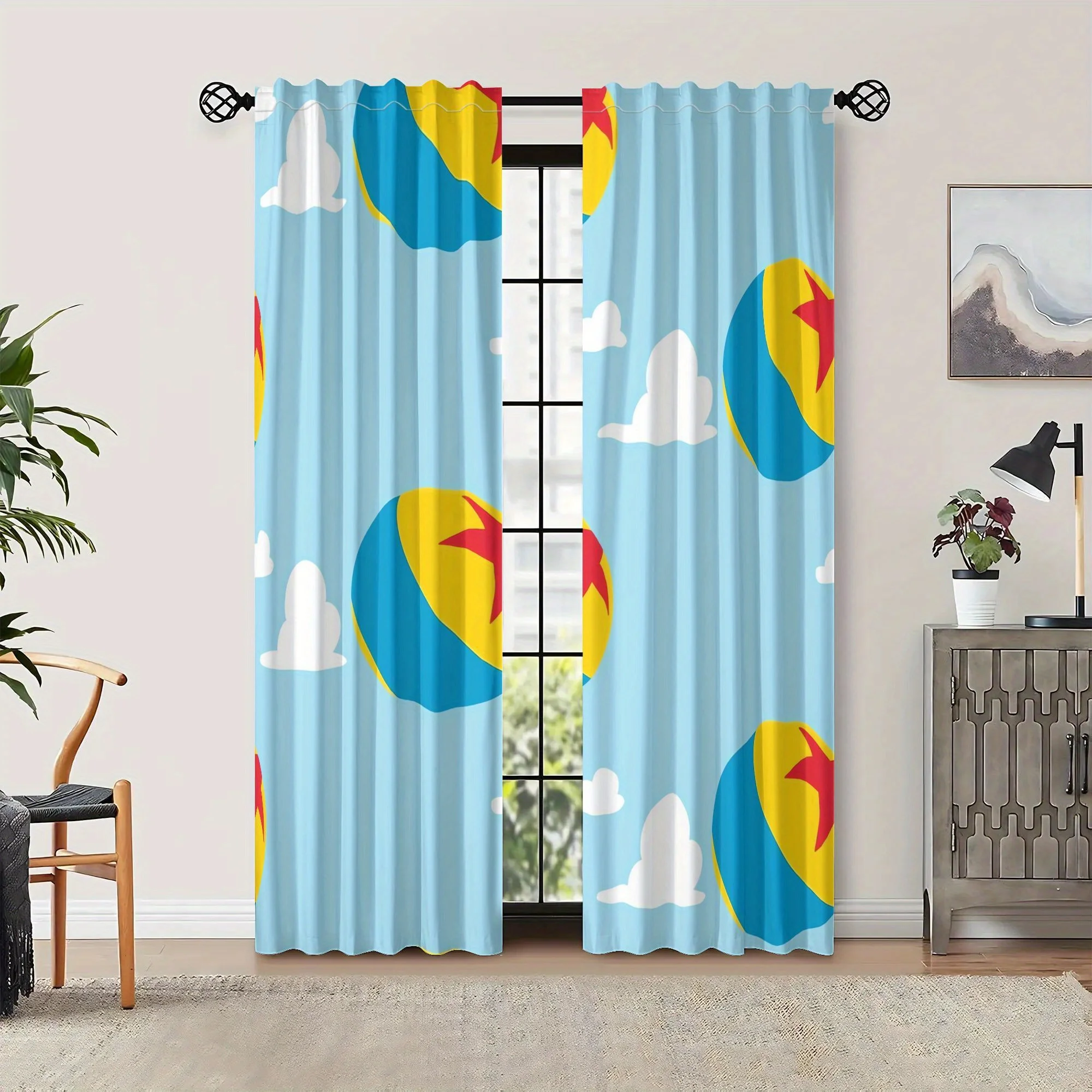Beach Ball Curtain, Summer Ocean Blue Window Drape, Cute Cloud Pattern Blackout Panel, Kids Bathroom Nursery Home Decor