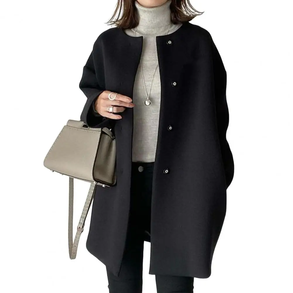 Solid Color Outer Garment Stylish Woolen Coat for Women Button-down Round Neck Jacket Mid Length for Fall for Commuting