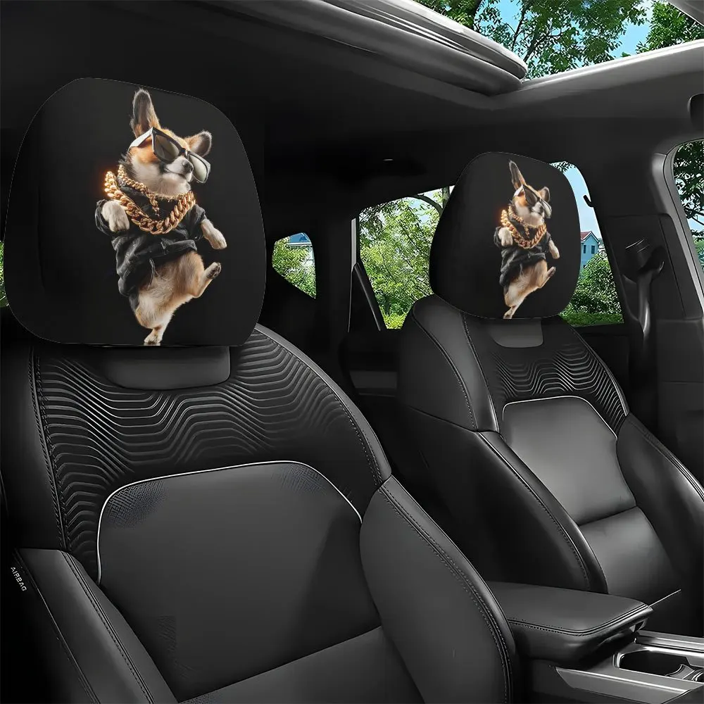 

2pcs Dancing Corgi with Fashion Glasses, Black Outfit, and Golden Chain Print Headrest Covers, Interior Decor, Easy to Insta