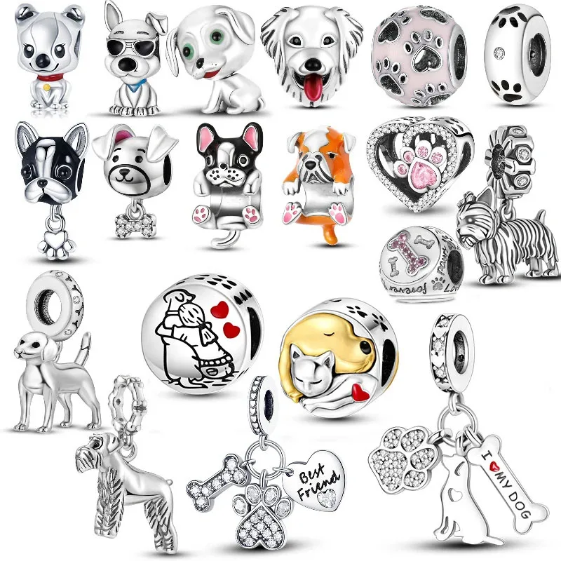 Dog Schnauzer French Bulldog Silver Plated Charm Paws Footprint Charms Beads fit Original Bracelet DIY Jewelry