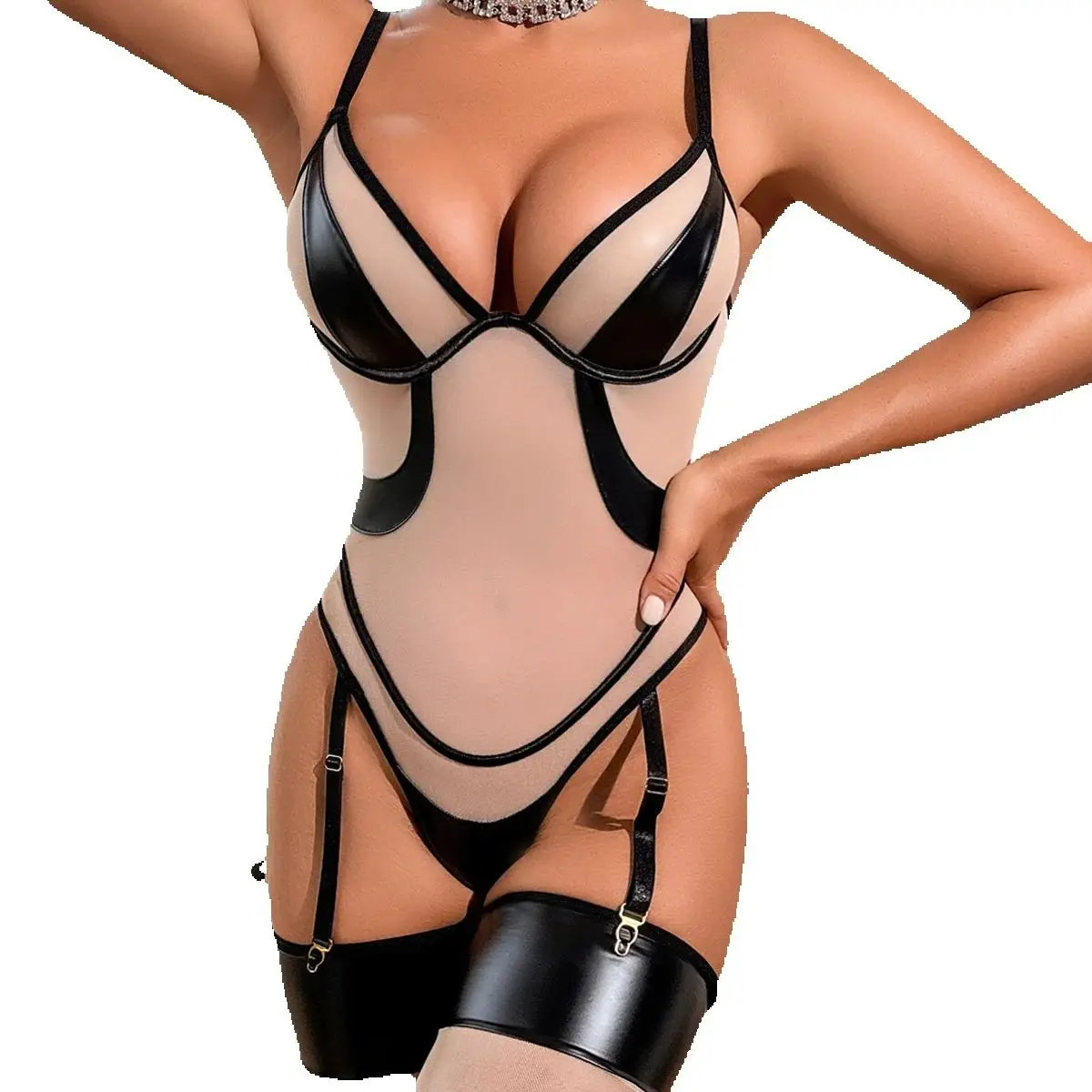 

Sexy Bodystoking Lingerie Women Latex Mesh Patchwork Body Night Clip Sissy Youth Girl Crotchless Hot Sexy Clothes Top lenceria