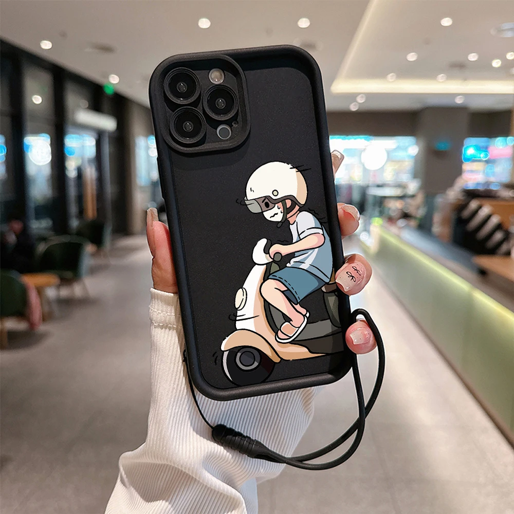 INS Cute Cartoon Riding Couple Phone Case for IPhone 15 14 13 12 11 Pro Max XR XS X 7 8 Plus Soft TPU Back Cover With Hand Strap