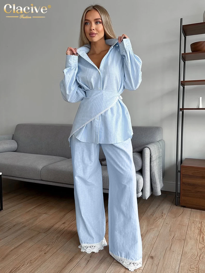 

Fashion Loose Blue Stripe Women's 3 Pieces Set 2025 Elegant Long Sleeve Shirt + Corset With High Waist Wide Pants Set