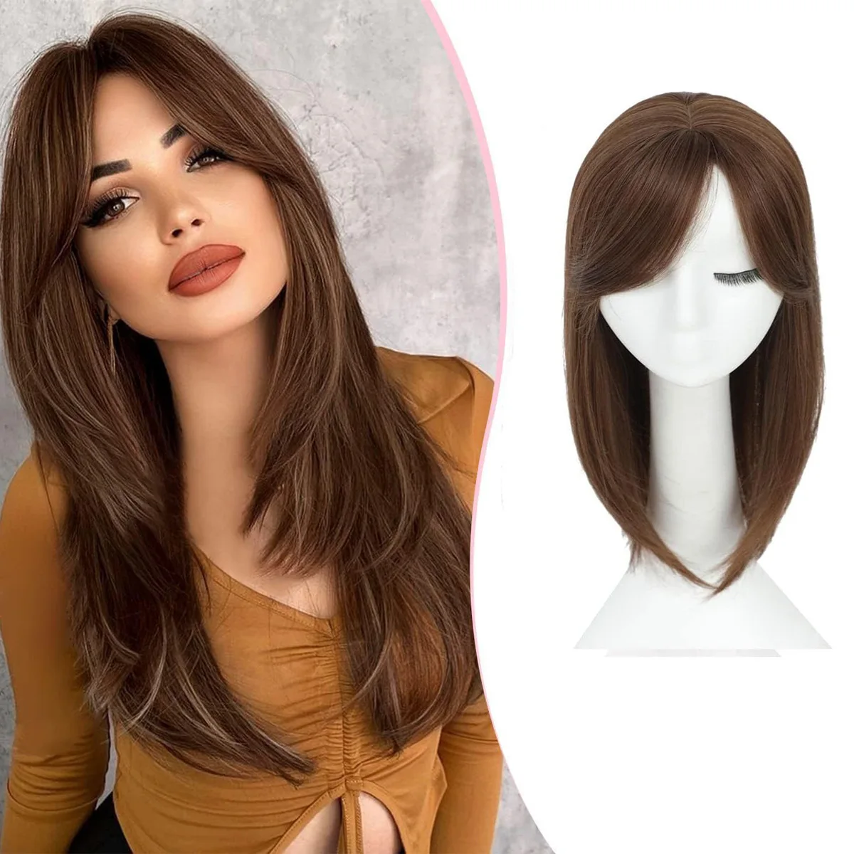 18inch Synthetic Hair Topper with Bangs Hairpiece for Thinning Hair Women Natural Straight Hair Topper 6.5