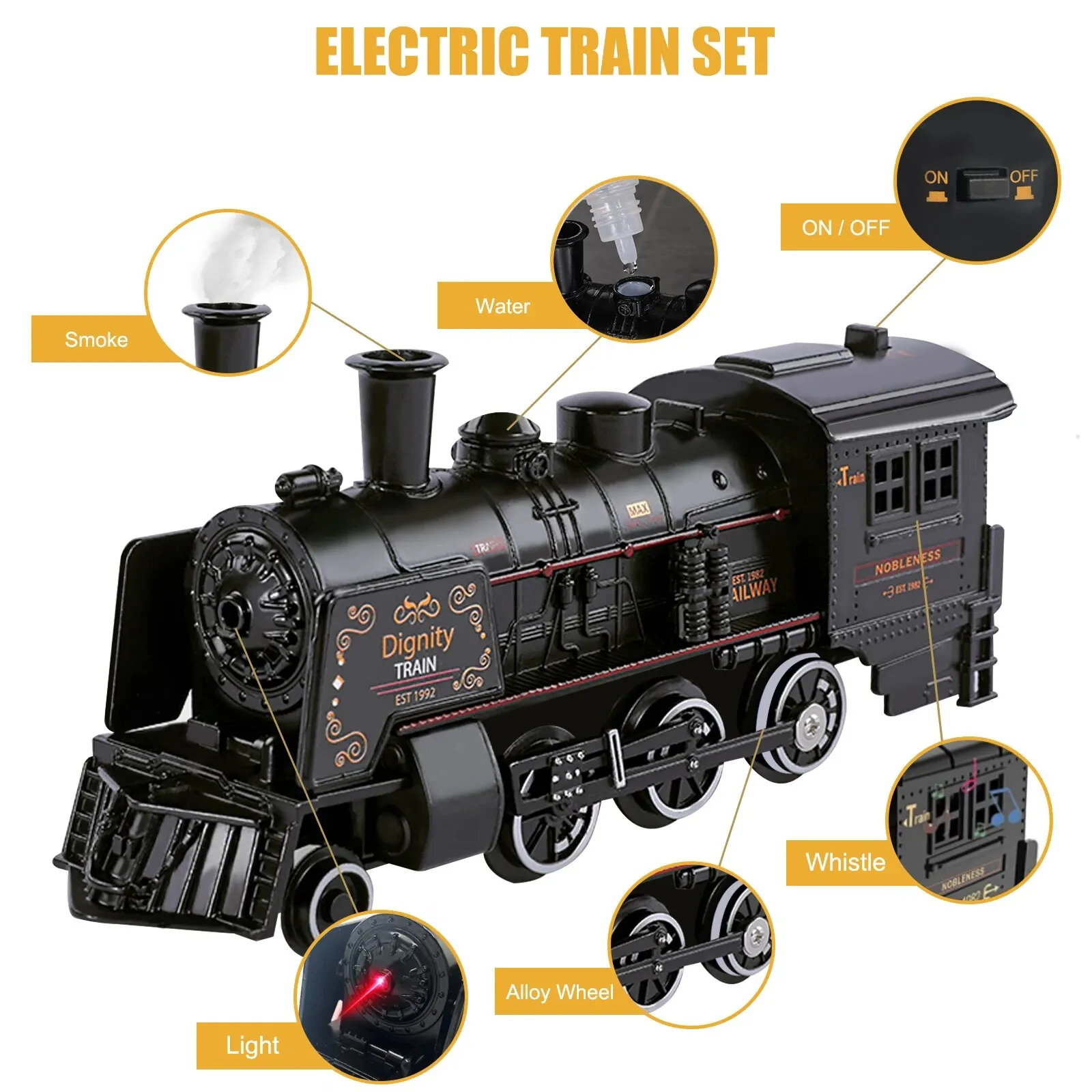 Juego de Tren Eléctrico, juguete con humo Luz y sonidos, juegos de trenes para niños con motor de locomotora de vapor, carruajes y pistas